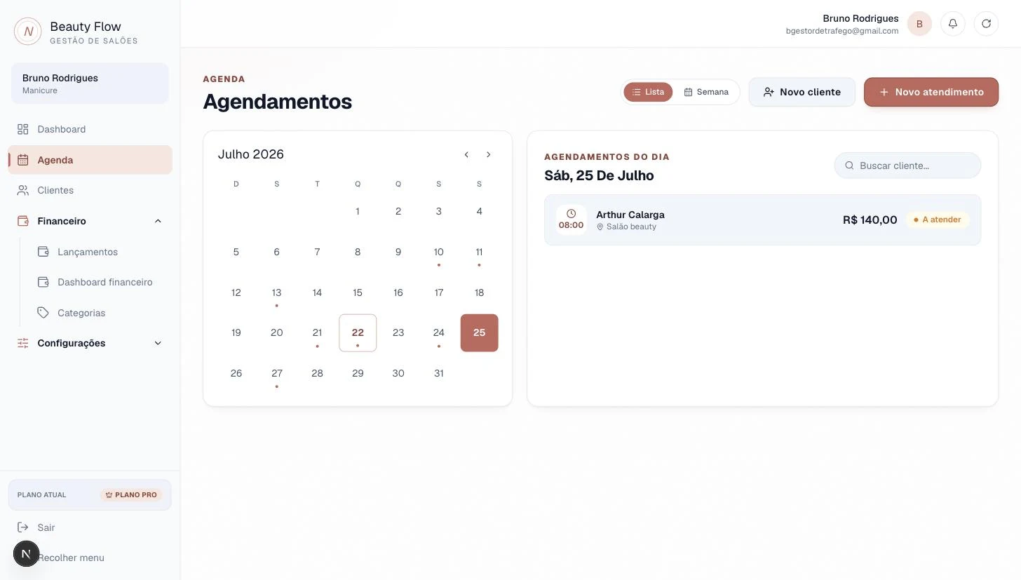 Agenda do dia no Beauty Flow, com horário, cliente e status do atendimento