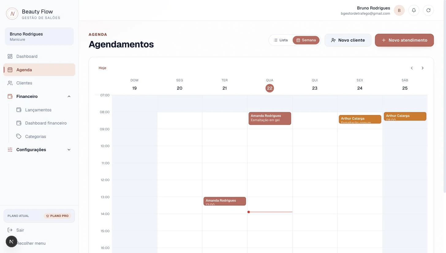 Visão semanal da agenda no Beauty Flow, com atendimentos organizados por dia e horário