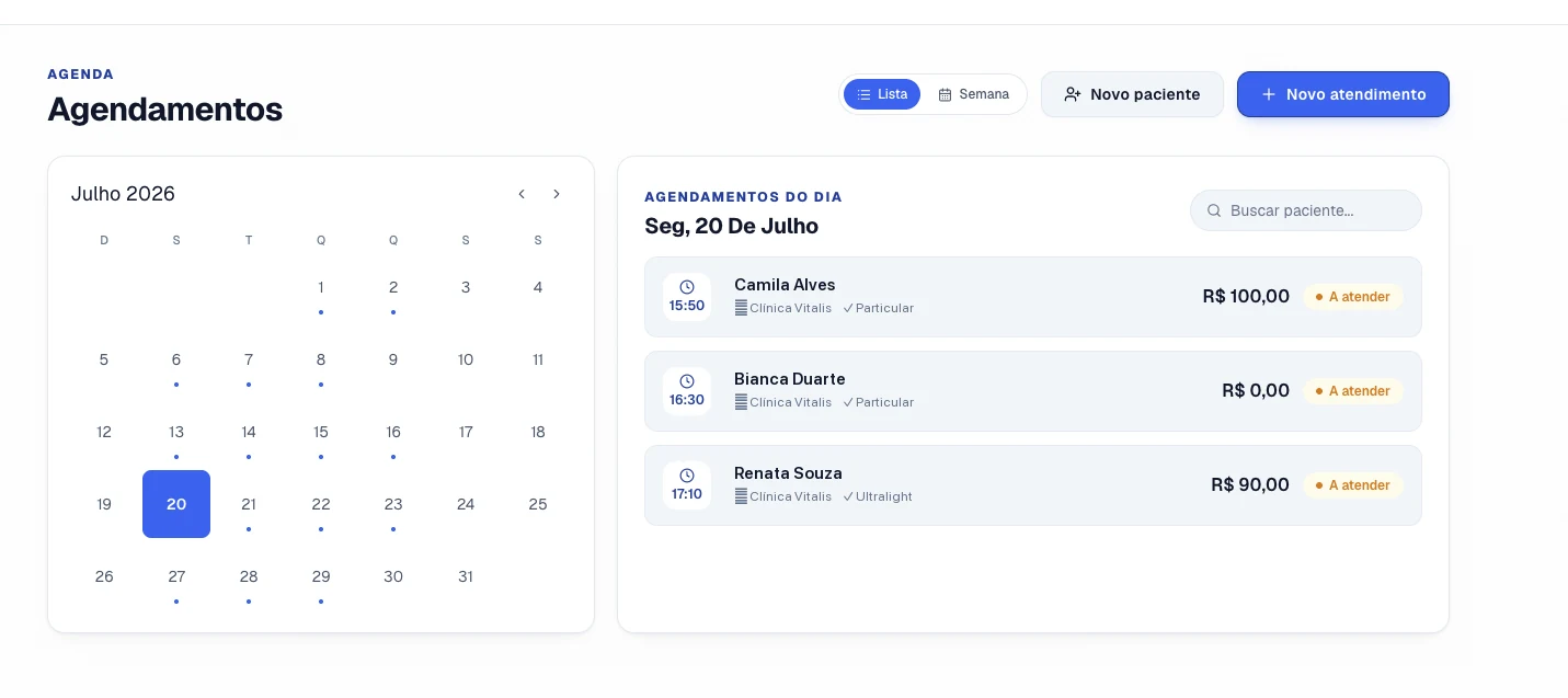 Agenda do dia no ClinicFlow, com horário, paciente e status do atendimento