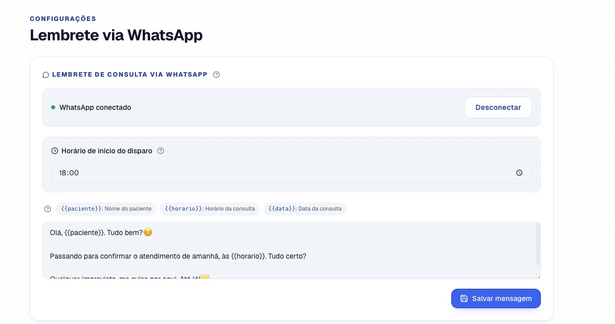 Configuração do lembrete automático via WhatsApp