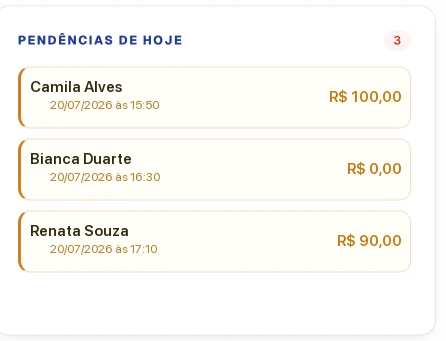 Central de pendências de hoje no ClinicFlow, com nome do paciente, horário e valor