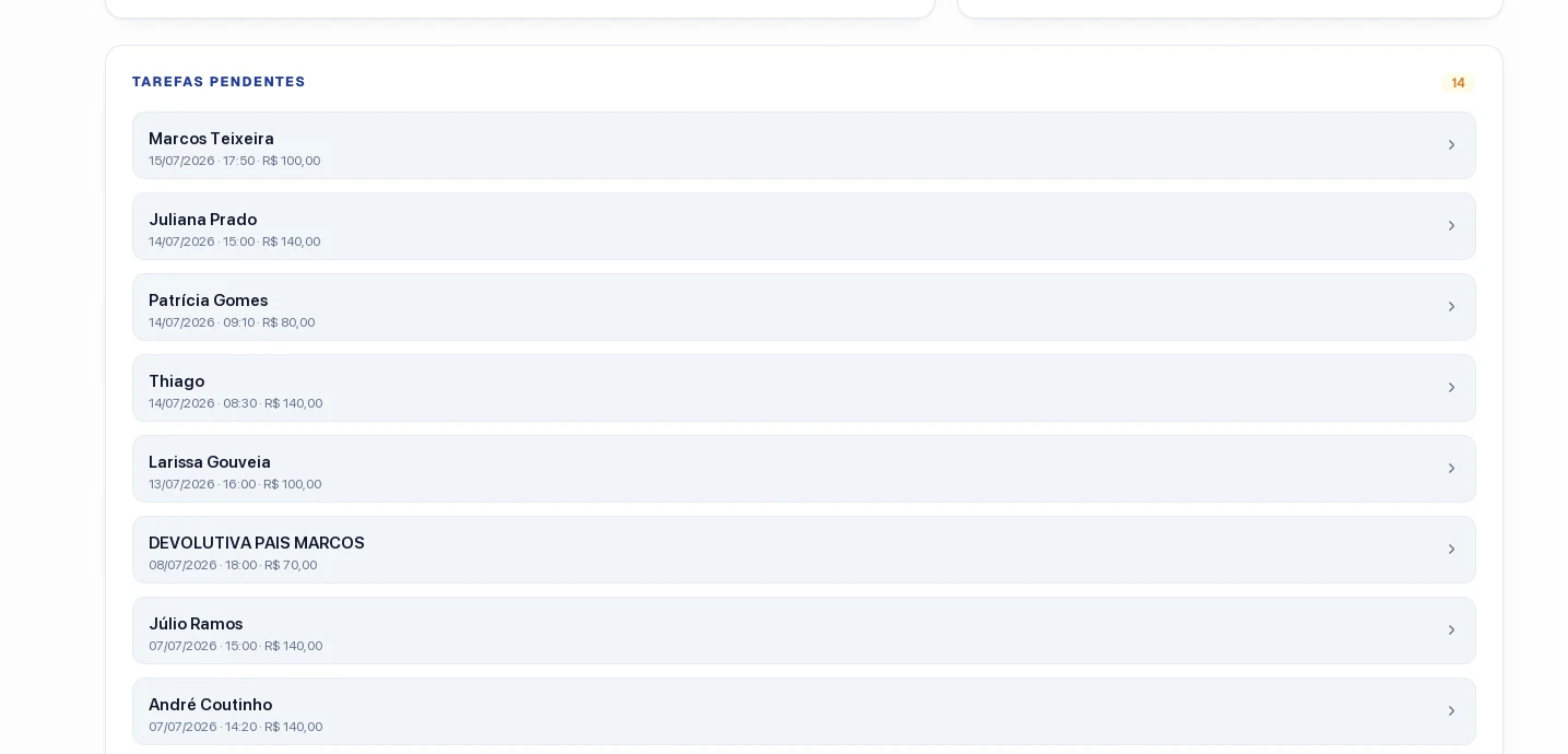 Lista de tarefas pendentes no ClinicFlow, por paciente, data e valor